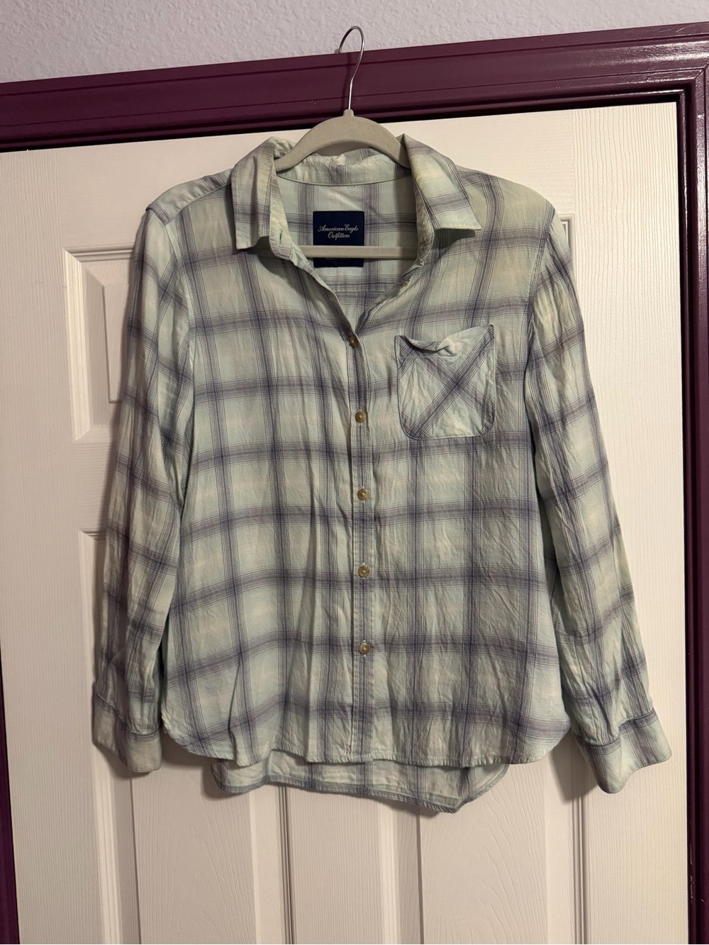 American Eagle Outfitters Mint and Gray Plaid Button-Down Shirt